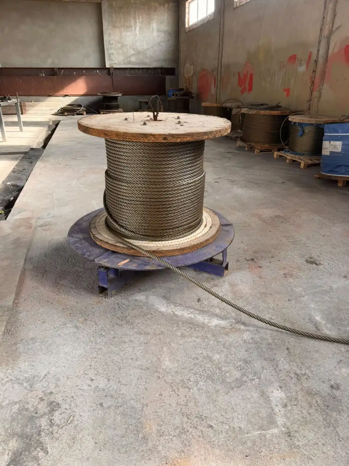Steel wire rope reels in an industrial facility
